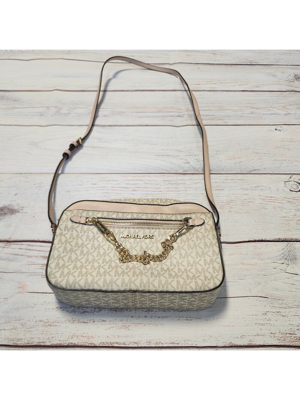 Michael Kors Signature Monogram Crossbody Bag with Gold Chain Accent